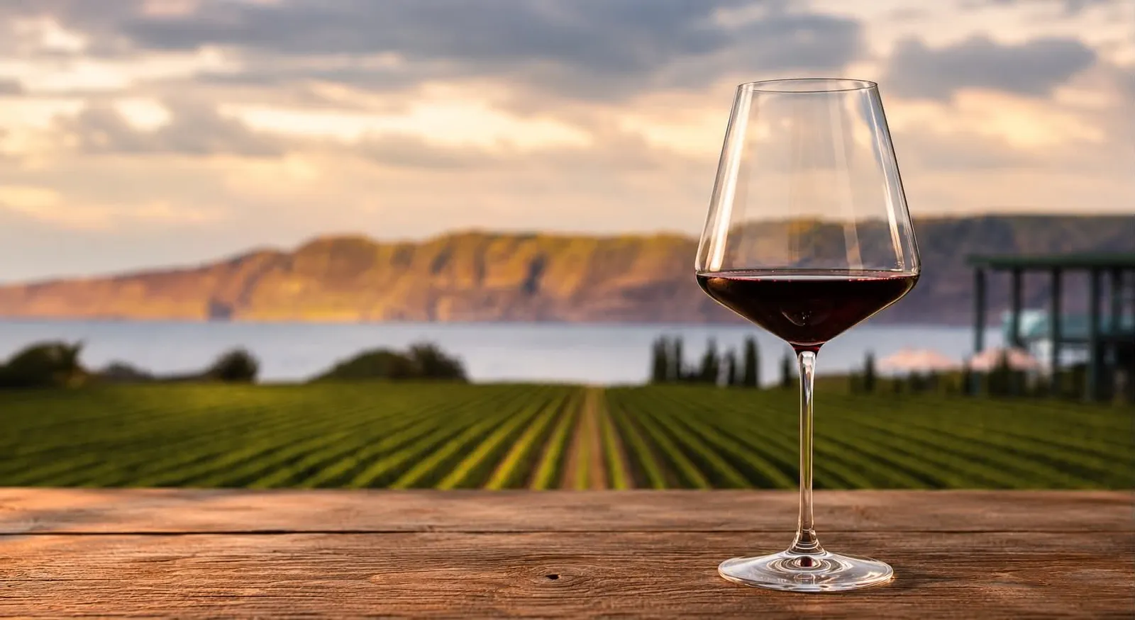 Panoramic view of Hawke's Bay vineyards and rolling hills at golden hour, New Zealand wine country